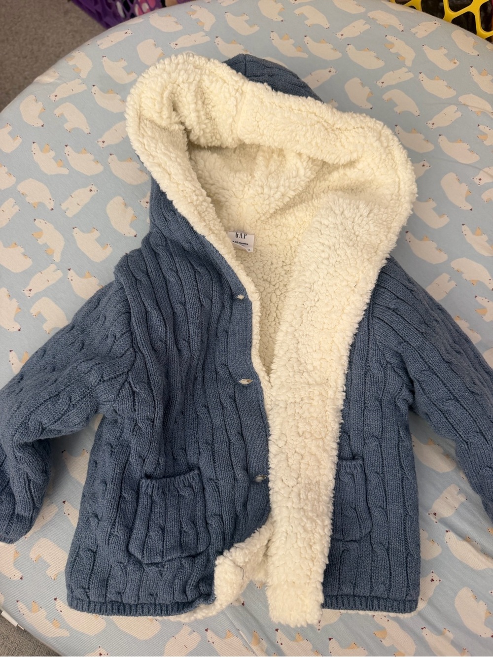 GAP Blue Knit Hooded Jacket with Cream Sherpa Lining